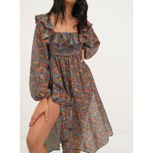 New For Love & Lemons Floral Colorful Print Midi‎ Length Dress Size XS Bohemian